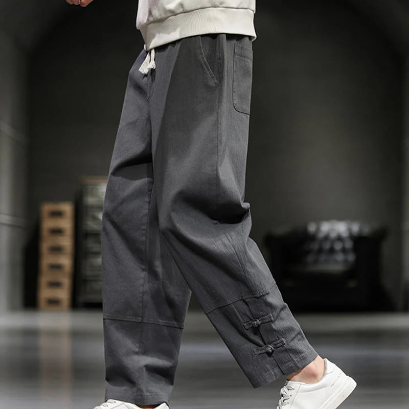 Buddha Stones Drawstring Elastic Waist Frog-Button Ankle-Length Men's Cotton Pants With Pockets