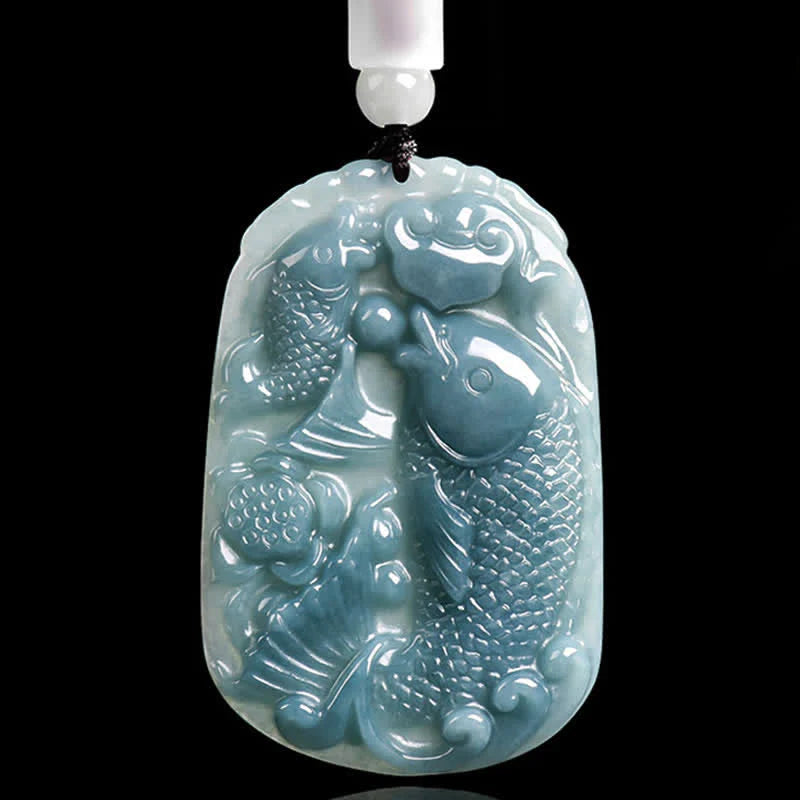 Buddha Stones Natural Jade Carving Double Koi Fish Rope Prosperity Necklace Pendant
