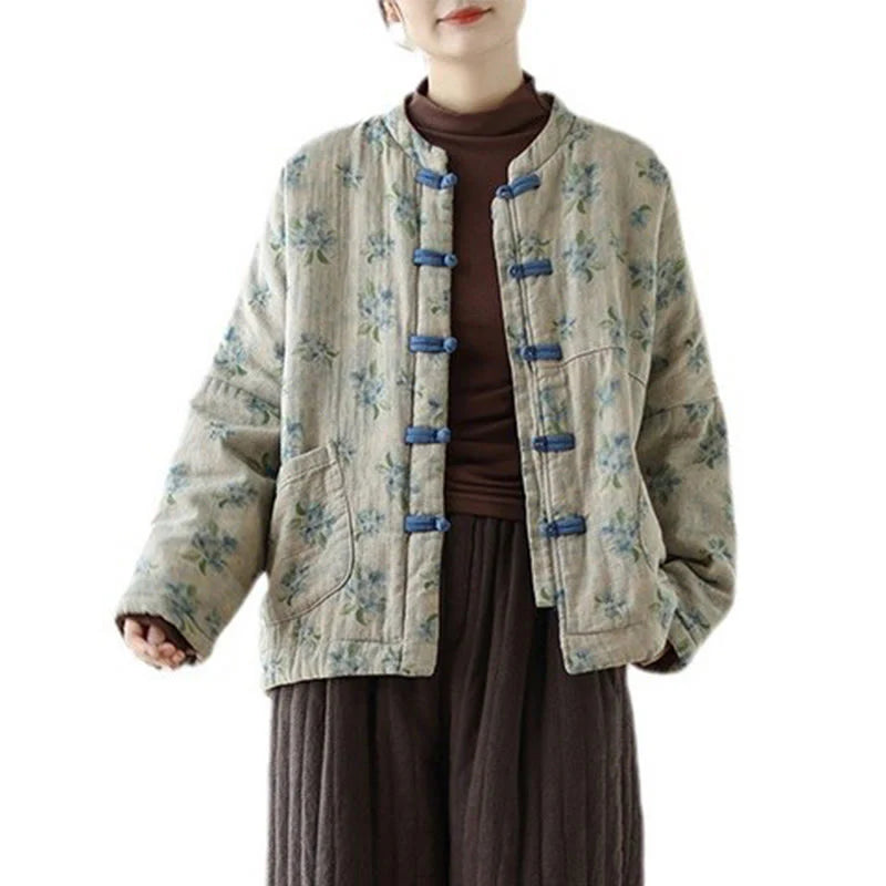 Buddha Stones Women's Long Sleeve Thermal Cotton Printed Florwer Pattern Jacket With Pockets