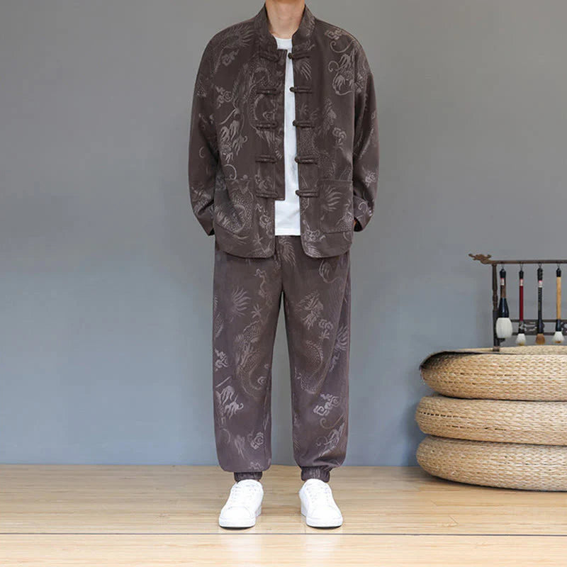 Buddha Stones 2Pcs Fall Winter Men's Tang Suit Dragon Frog-Button Cotton Corduroy Long Sleeve Jacket Pants Set With Pockets