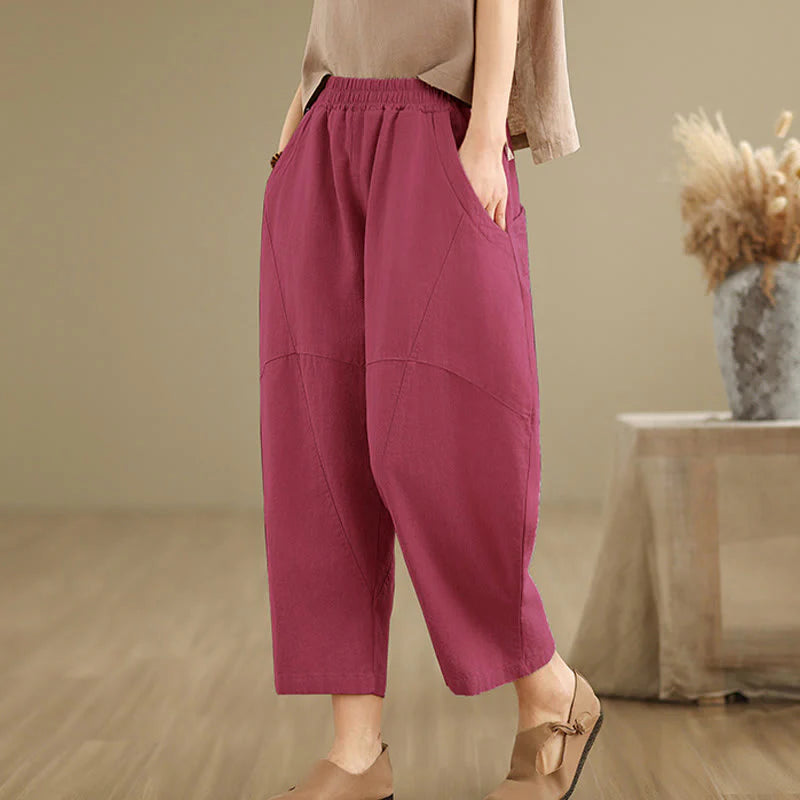 Buddha Stones Spring 7-8 Length Solid Color Women's Cotton Linen Harem Pants With Pockets