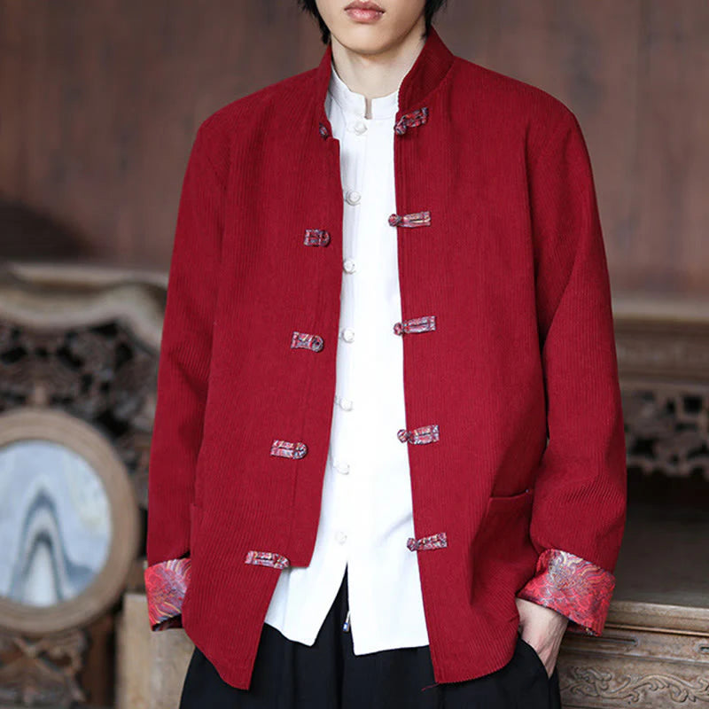 Buddha Stones Spring Jacquard Frog-Button Men's Cotton Corduroy Long Sleeve Jacket With Pockets