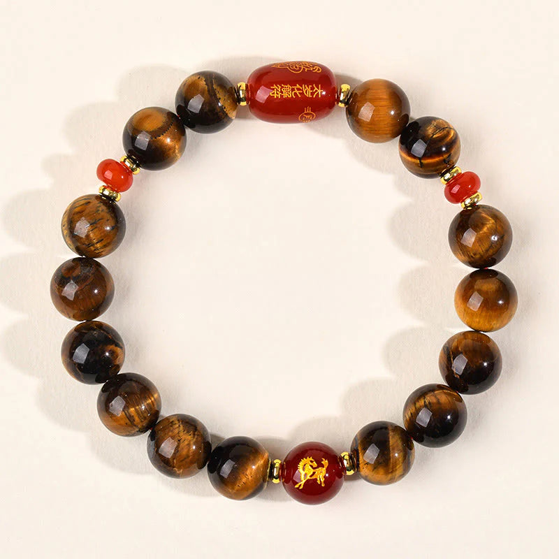 Buddha Stones 12 Chinese Zodiac Natural Tiger Eye Red Agate Protection Bracelet