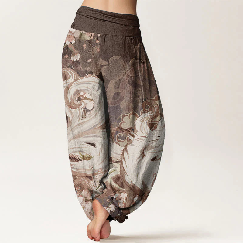 Buddha Stones Cotton Fox Cherry Blossoms Women's Elastic Waist Harem Pants