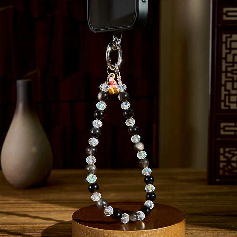 Buddha Stones Year of the Horse Silver Sheen Obsidian Protection Key Chain Phone Hanging Decoration