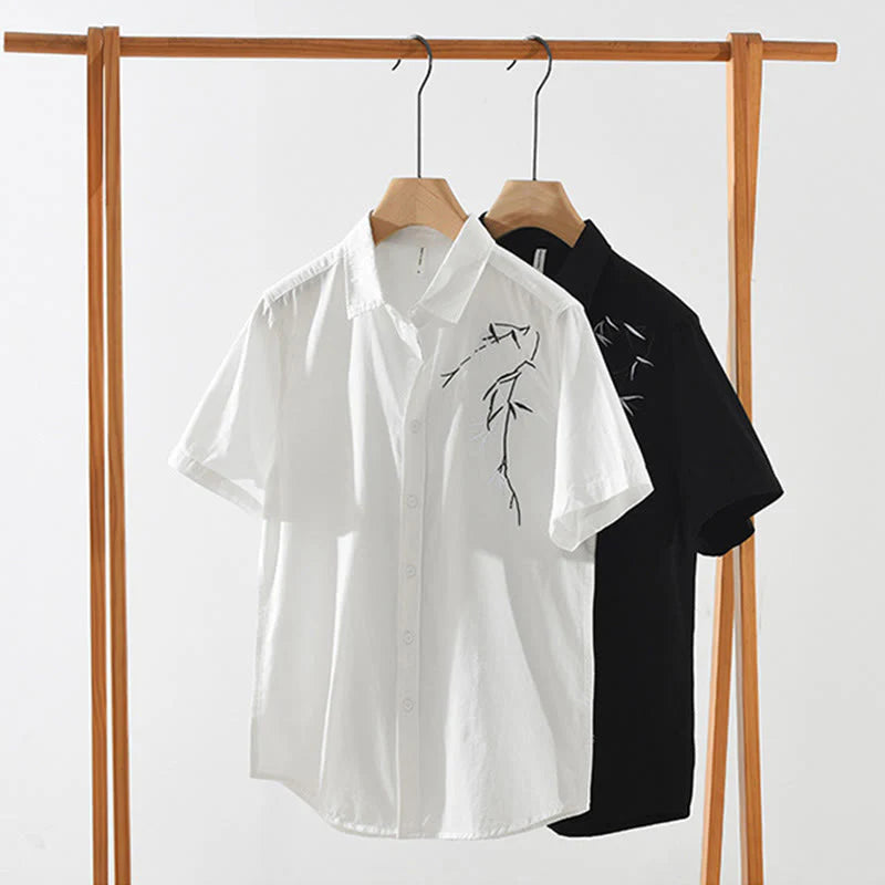 Buddha Stones Artistic Simple Design Embroidery Bamboo Pattern Men's Short Sleeve Cotton Shirt