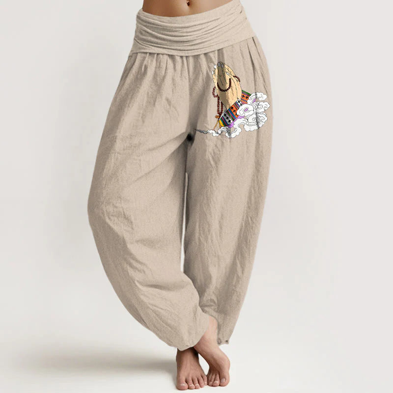 Buddha Stones Pure Cotton Simple Lively Clasped Hands Prayer Beads Clouds Pattern Women's Elastic Waist Harem Pants