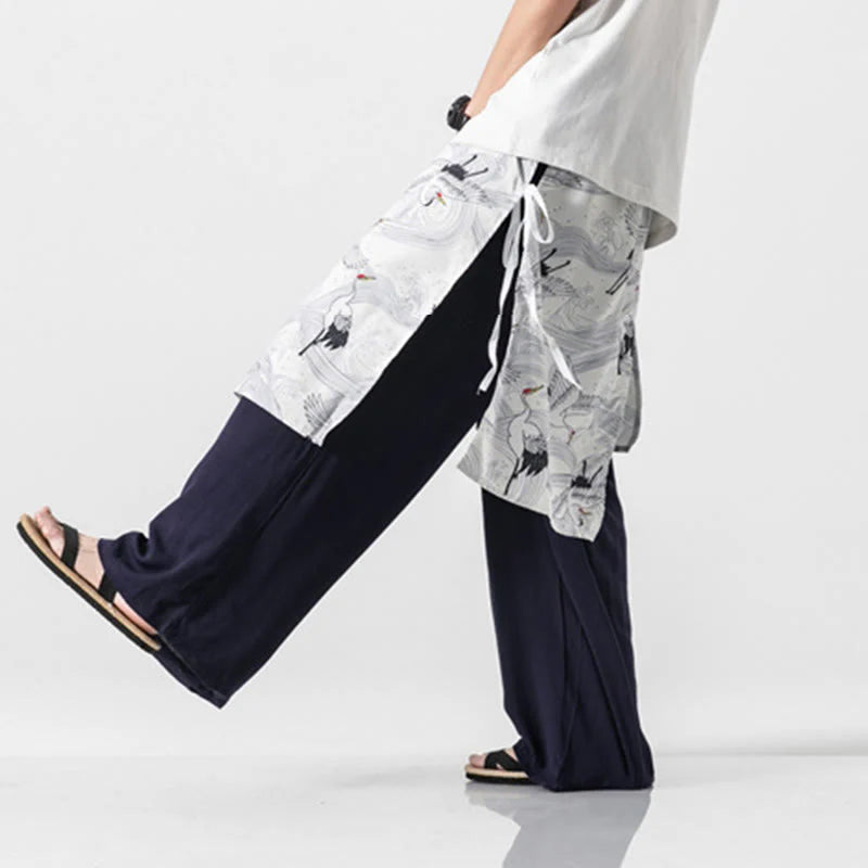 Buddha Stones Summer Flying Crane Design Cotton Men's Wide Leg Pants With Pockets