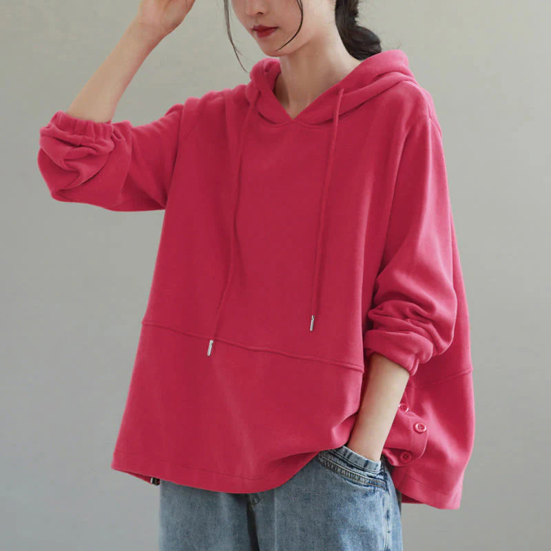 Buddha Stones Fall Solid Color Side Buttons Cotton Long Sleeve Women's Hoodie