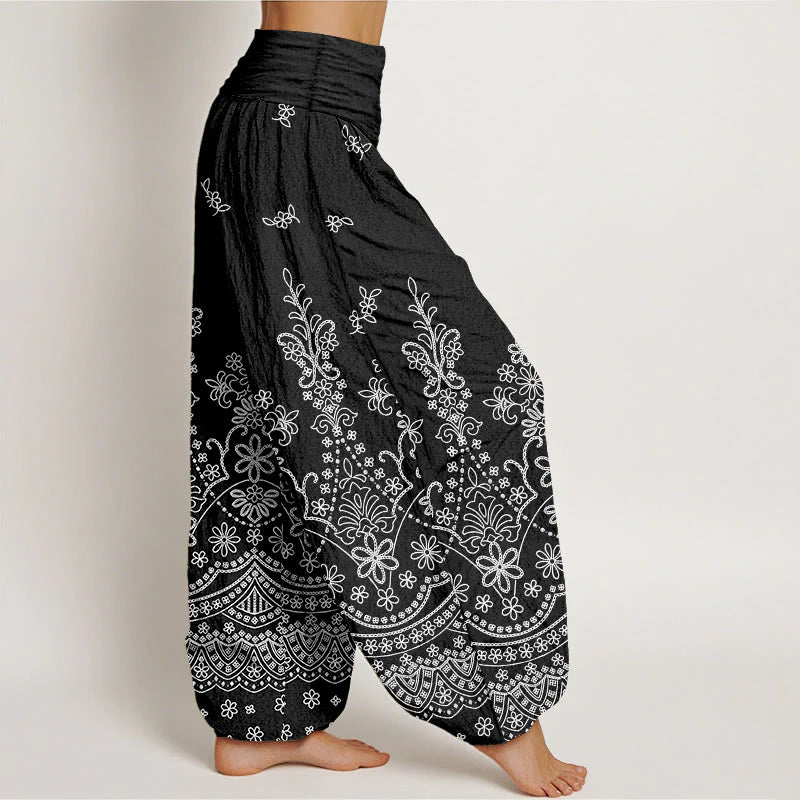 Buddha Stones Cotton Mandala White Flower Pattern Women's Elastic Waist Harem Pants
