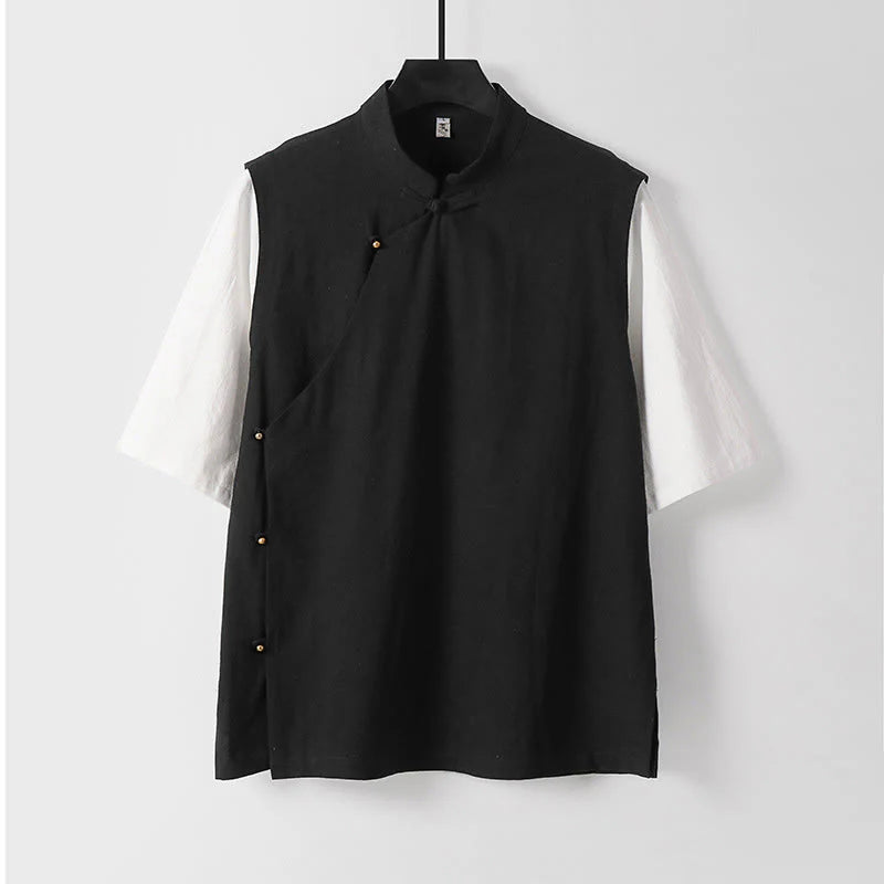 Buddha Stones Summer 2 In 1 Stripes Stand Collar Short Sleeve Frog-Button Men's Cotton Shirt