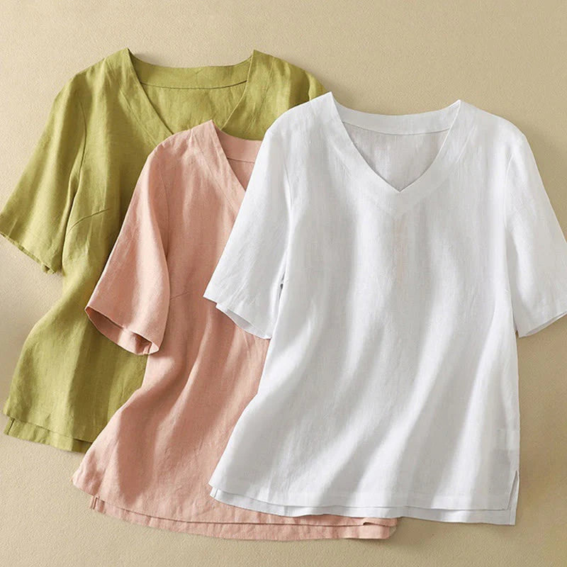 Buddha Stones Summer Casual Plain Women's V-neck Design Half Sleeve T-shirt