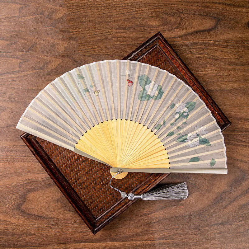 Buddha Stones Jasmine Lotus Begonia Flowers Handheld Bamboo Folding Fan (Extra 30% Off | USE CODE: FS30)