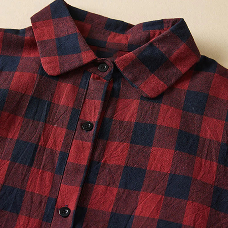 Buddha Stones Contrast Color Plaid Buttons Design Long Sleeve Midi Dress With Pockets