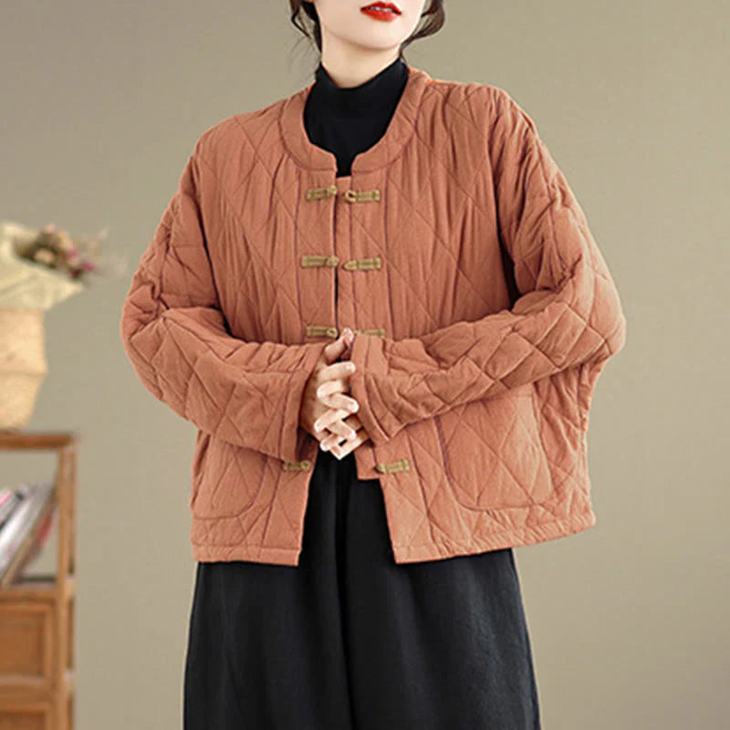 Buddha Stones Winter Frog-Button Diamond-shaped Lines Cotton Long Sleeve Women's Thermal Jacket With Pockets