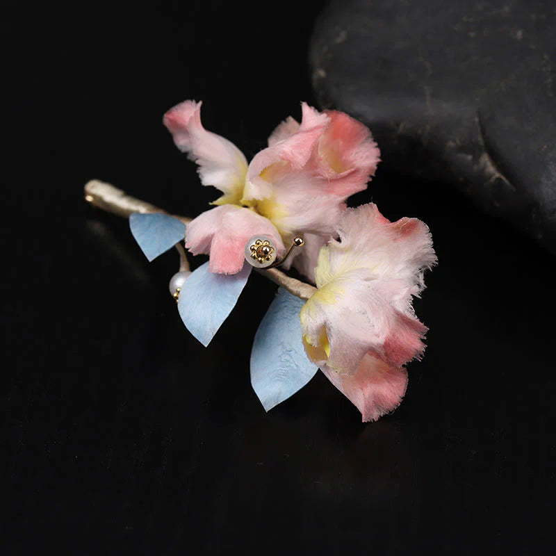 Buddha Stones Handcrafted Silk Art Pink Iris Flower Protection Brooch