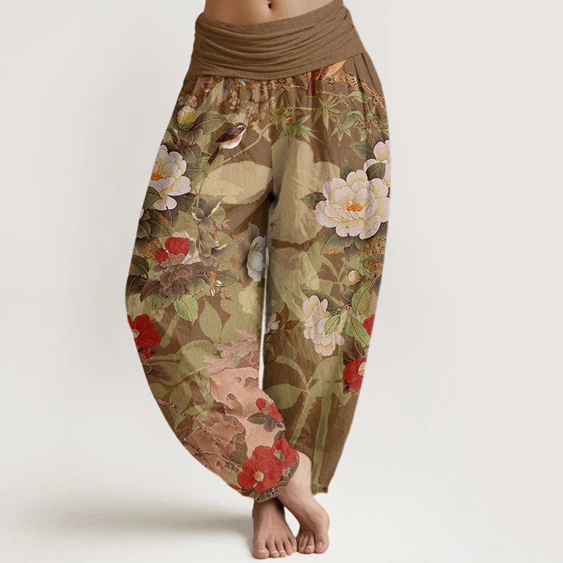 Buddha Stones Cotton Casual Peony Flowers Leaves Magpie Women's Elastic Waist Harem Pants