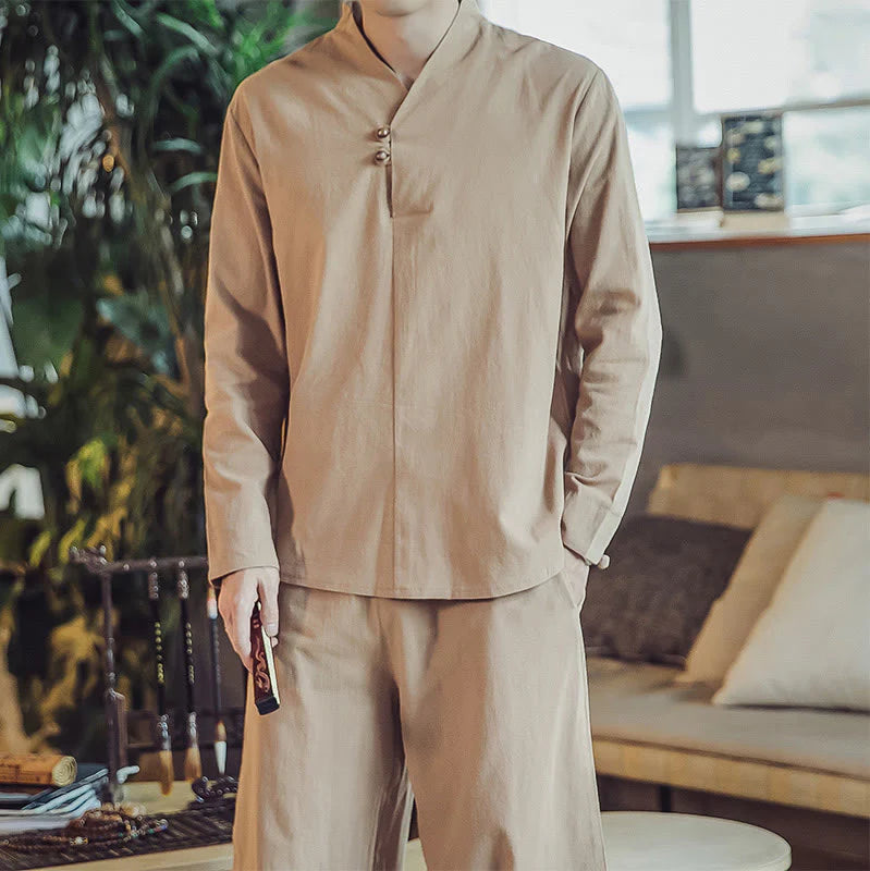 Buddha Stones 2Pcs Shirt Ankle-Length Pants With Pockets Men's Meditation Cloth Set