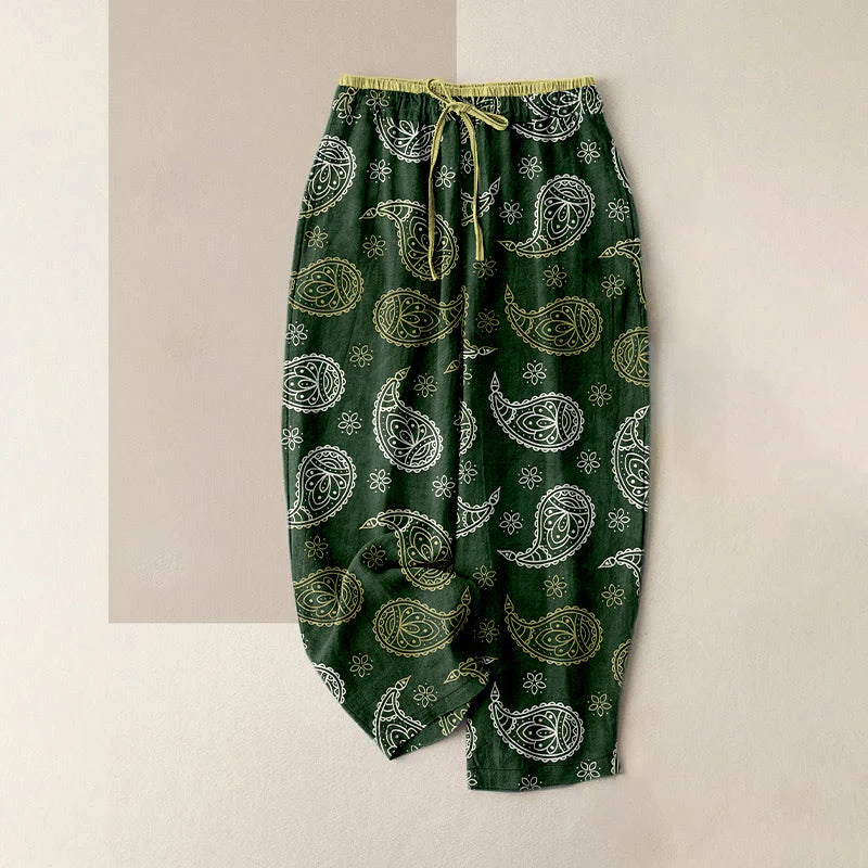 Buddha Stones Pure Cotton Elegant Paisley Pattern Women's Elastic Waist Pants With Pockets