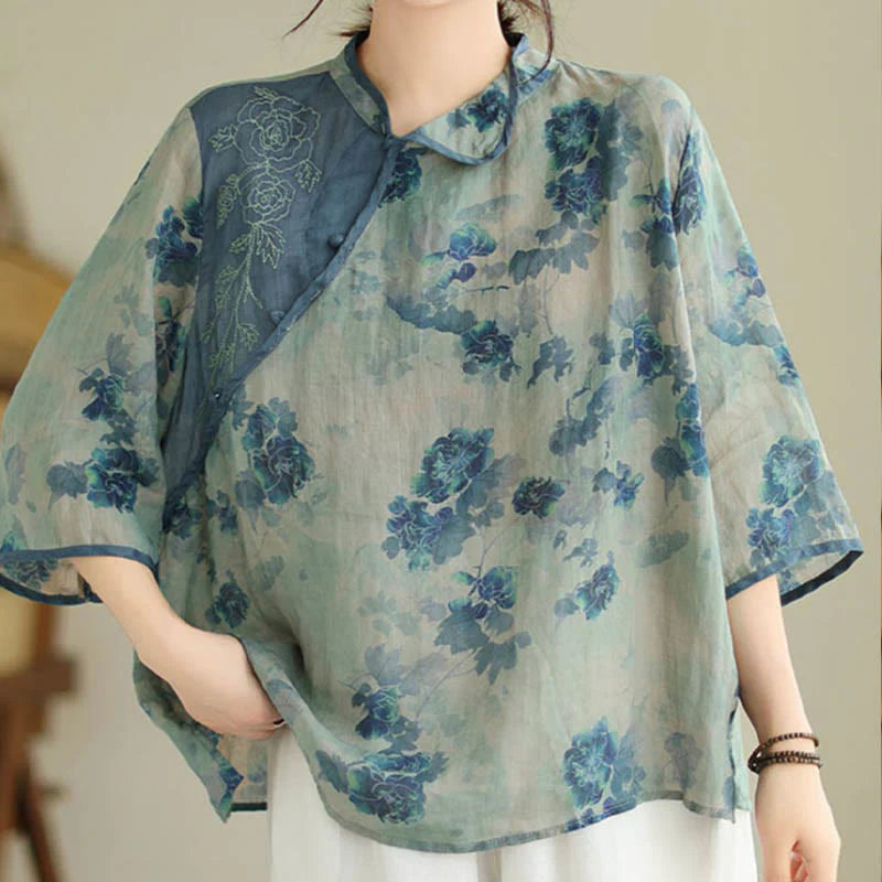 Buddha Stones PLUS SIZE Blue Jacaranda Flower Design Three Quarter Sleeve Ramie Linen Shirt
