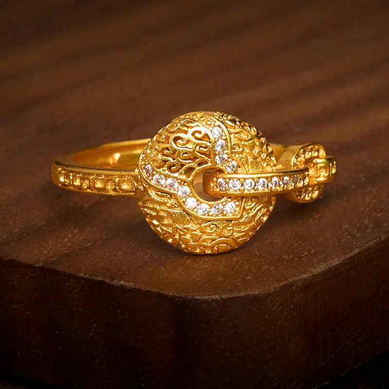 Buddha Stones 24k Gold Plated Brass Hollow Carved Design Peace Buckle Adjustable Fortune Ring
