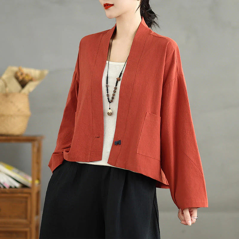 Buddha Stones Casual Vintage Plain Long Sleeve Open Front Cardigan Cotton Linen Jacket With Pockets