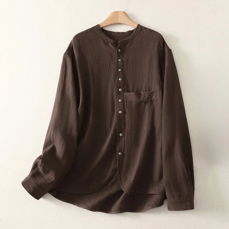 Buddha Stones Spring Plain V-Neck Long Sleeve Women's Cotton Shirt