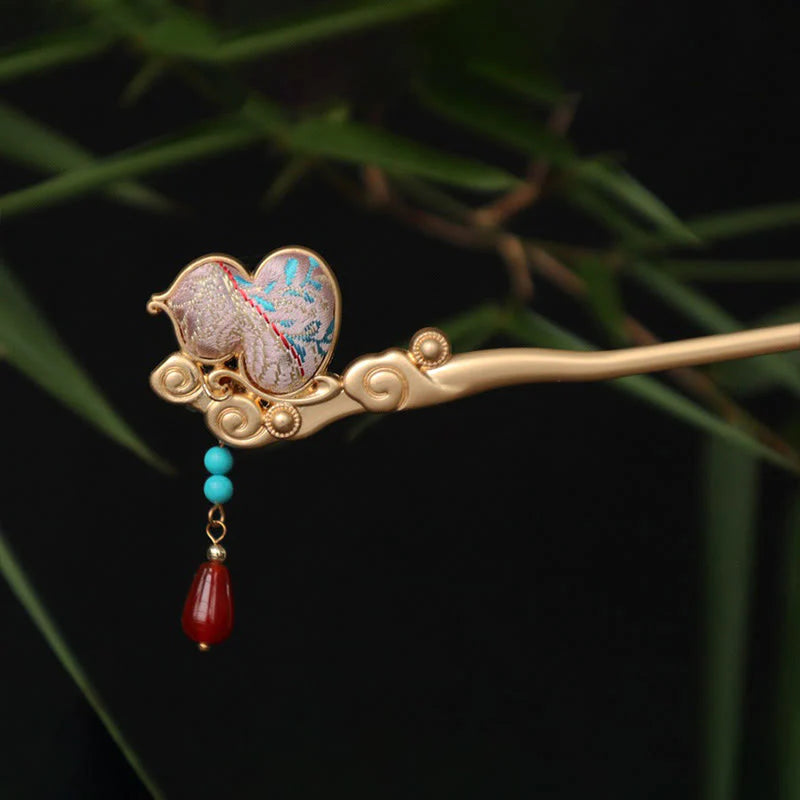 Buddha Stones Gourd Flower Pattern Red Agate Copper Calm Hairpin