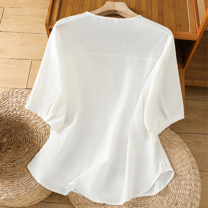 Buddha Stones Casual Plain Buttons Half Sleeve Women's Cotton Linen Shirt With Pocket