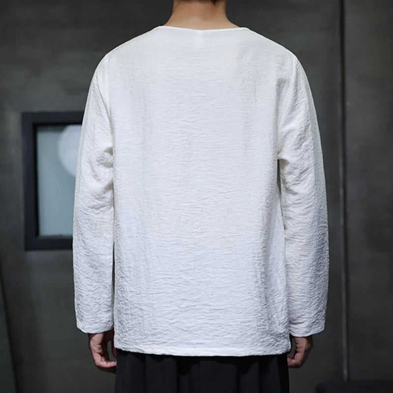 Buddha Stones Solid Color Loose Long Sleeve Round Neck Men's Shirts