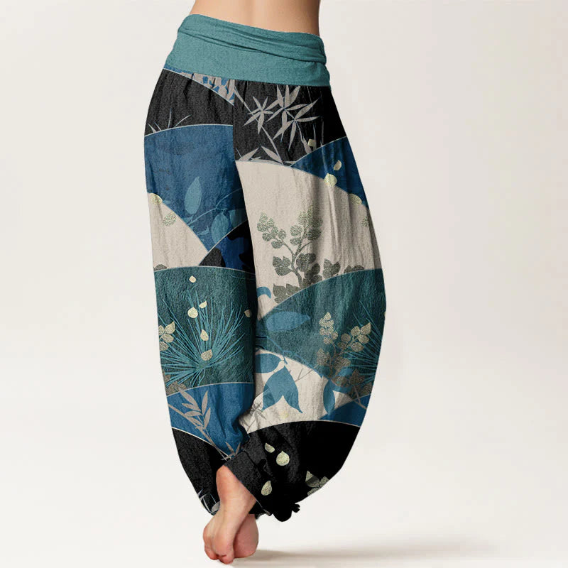 Buddha Stones Cotton Semicircle Leaves Pattern Women's Elastic Waist Harem Pants