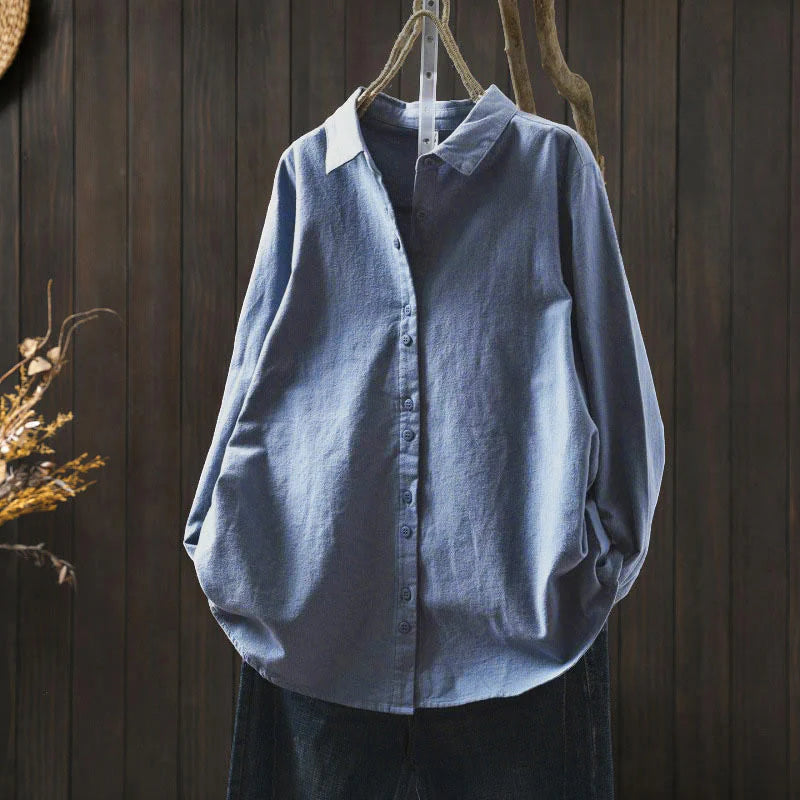 Buddha Stones Fall Solid Color Button Down Stand Collar Long Sleeve Women's Cotton Shirt
