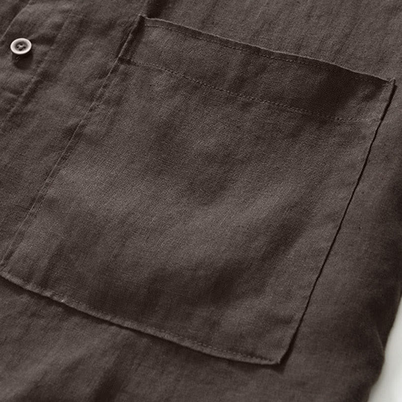 Buddha Stones Fall Solid Color Buttons Down Stand Collar Three Quarter Sleeve Linen Men's Shirt With Pockets