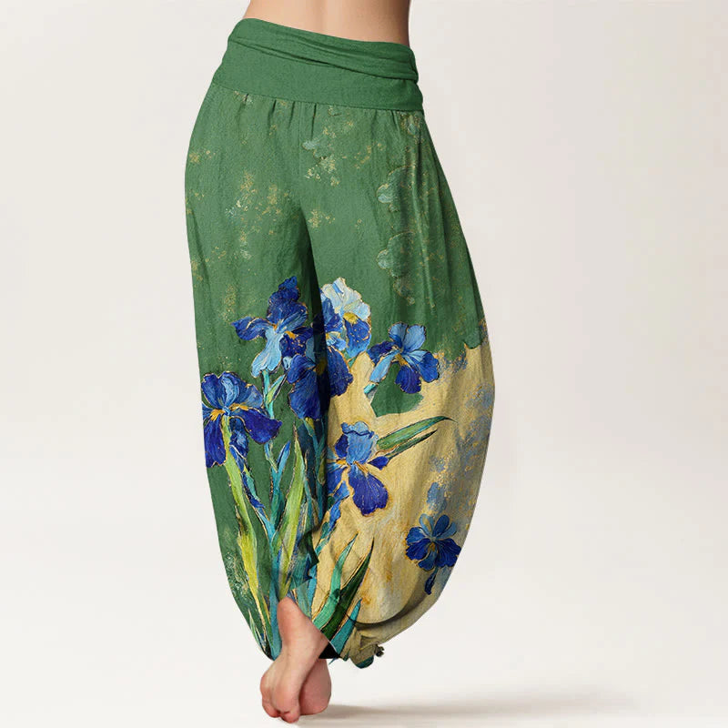Buddha Stones Irises Pattern Pure Cotton Women's Elastic Waist Harem Pants