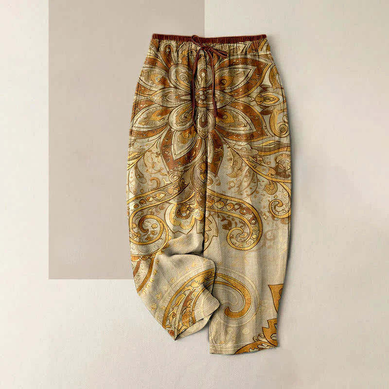 Buddha Stones Cotton Paisley Mandala Pattern Elastic Waist Women's Pants With Pockets