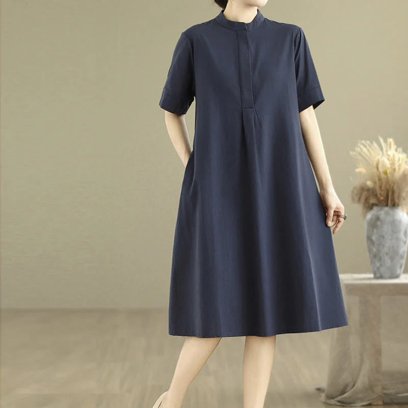 Buddha Stones Commute Plaid Pattern Simple Design Cotton Half Sleeve Midi Dress With Pockets