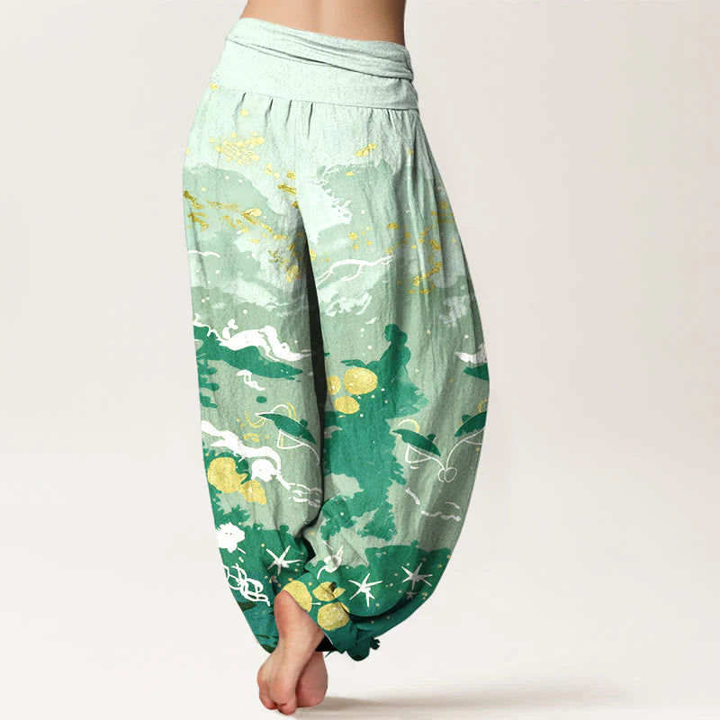 Buddha Stones Cotton Waves Sky Pattern Women's Elastic Waist Harem Pants