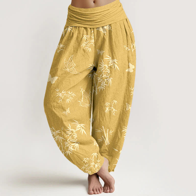 Buddha Stones Cotton Elegant Butterfly Bamboo Pattern Women's Elastic Waist Harem Pants