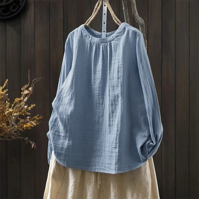 Buddha Stones Fall Crew Neck Back Button Down Design Long Sleeve Women's Cotton Shirt