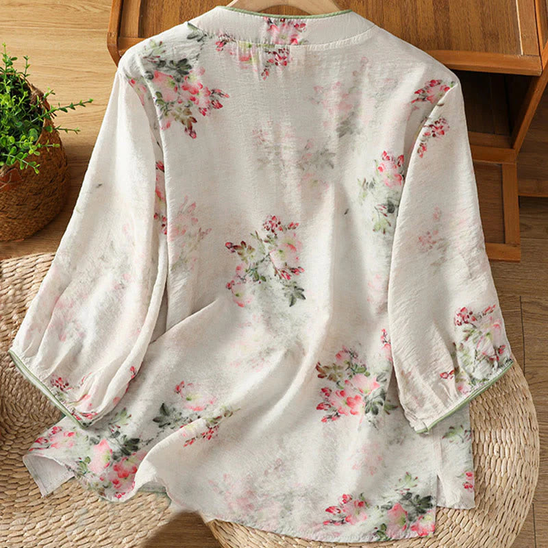 Buddha Stones Printing Floral Plain Chinese Frog-Button Women's Cotton Three Quarter Sleeve Shirt
