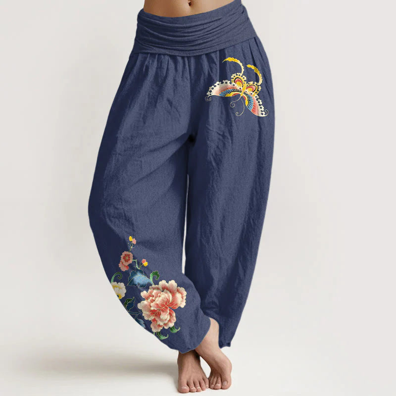 Buddha Stones Cotton Auspicious Peony Flower Butterfly Pattern Women's Elastic Waist Harem Pants