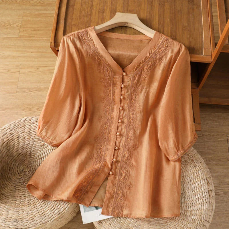 Buddha Stones Casual Embroidery Frog-Button Polyester Half Sleeve Women's V-neck Shirt