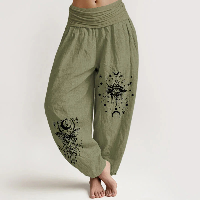 Buddha Stones Pure Cotton Minimalist Design Eye Moon Butterfly Pattern Women's Elastic Waist Harem Pants