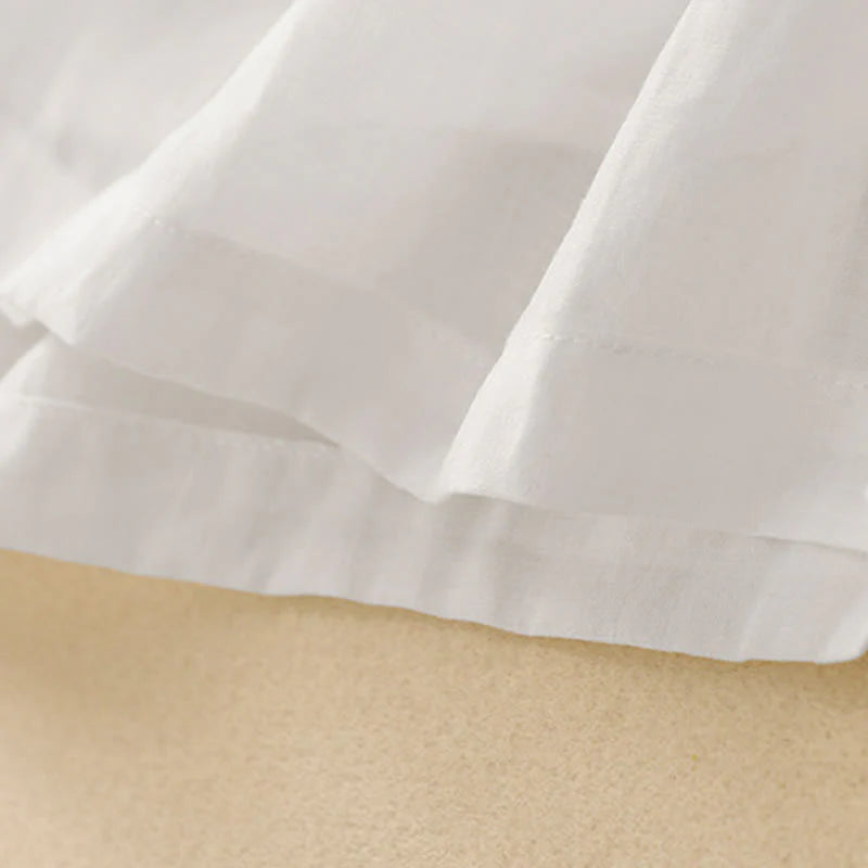 Buddha Stones Commute Embroidery Pleated Button Drawstring Design Cotton Linen Ruffled Short Sleeve Midi Dress