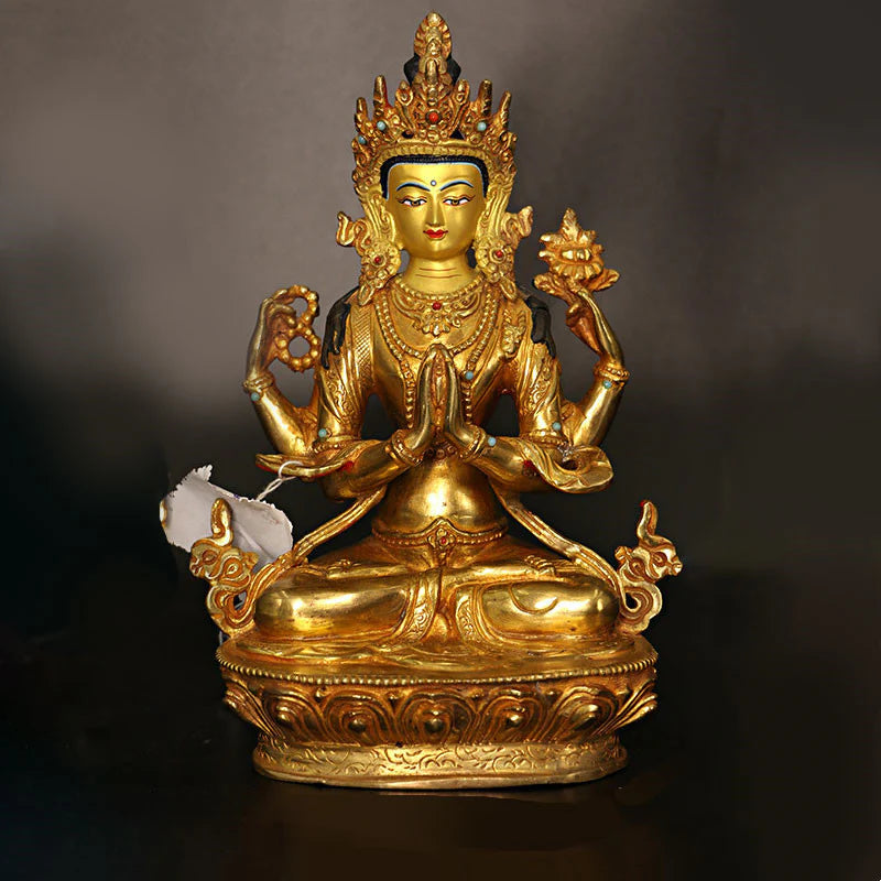 Buddha Stones Bodhisattva Tara Chenrezig Four-armed Avalokitesvara Protection Copper Gold Plated Statue Decoration