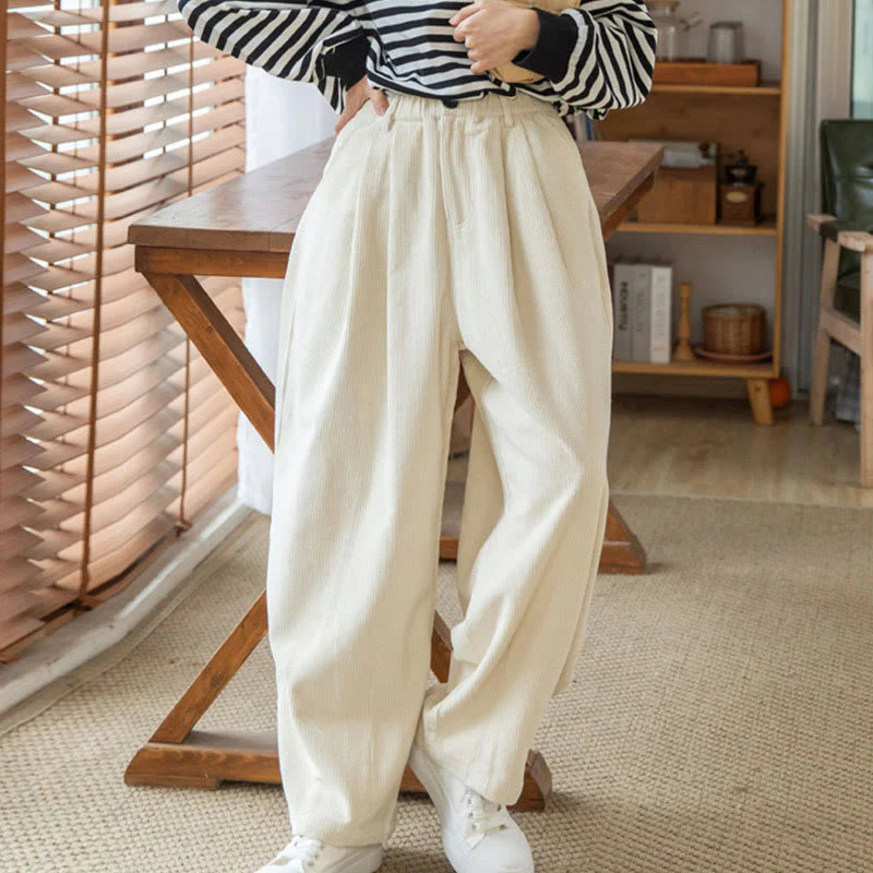 Buddha Stones Women's High Waist Zipper Design Wide Leg Cotton Corduroy Pants With Pockets