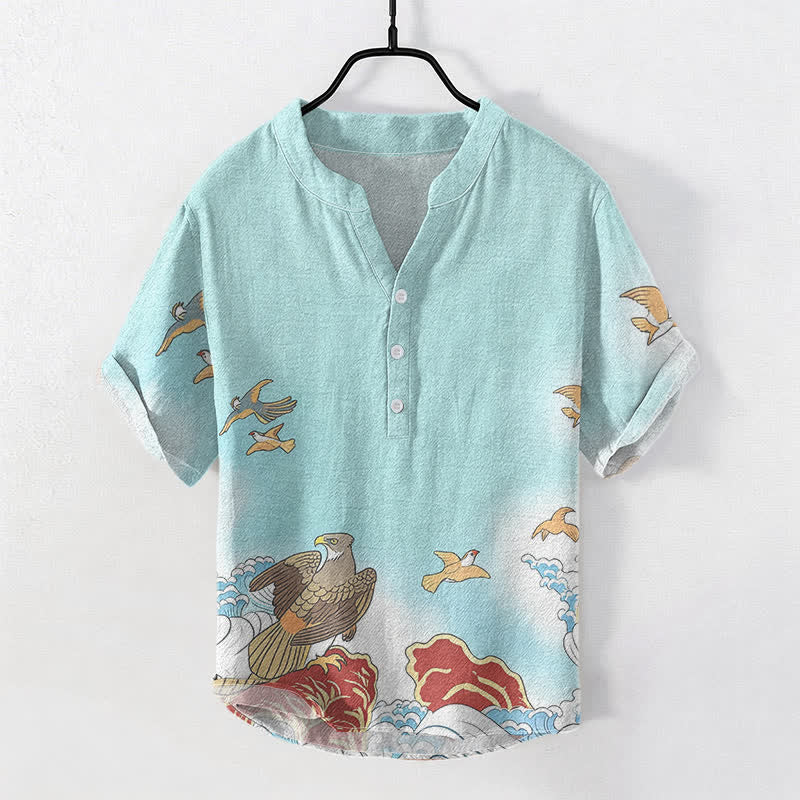 Buddha Stones Cotton Ocean Bird Wave Rock Print Men's Short Sleeve Half Button Shirt