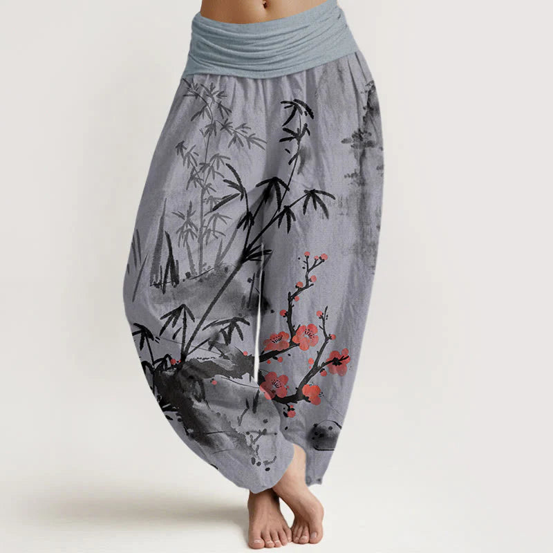 Buddha Stones Cotton Plum Blossoms Bamboo Orchids Chrysanthemums Pattern Women's Elastic Waist Harem Pants