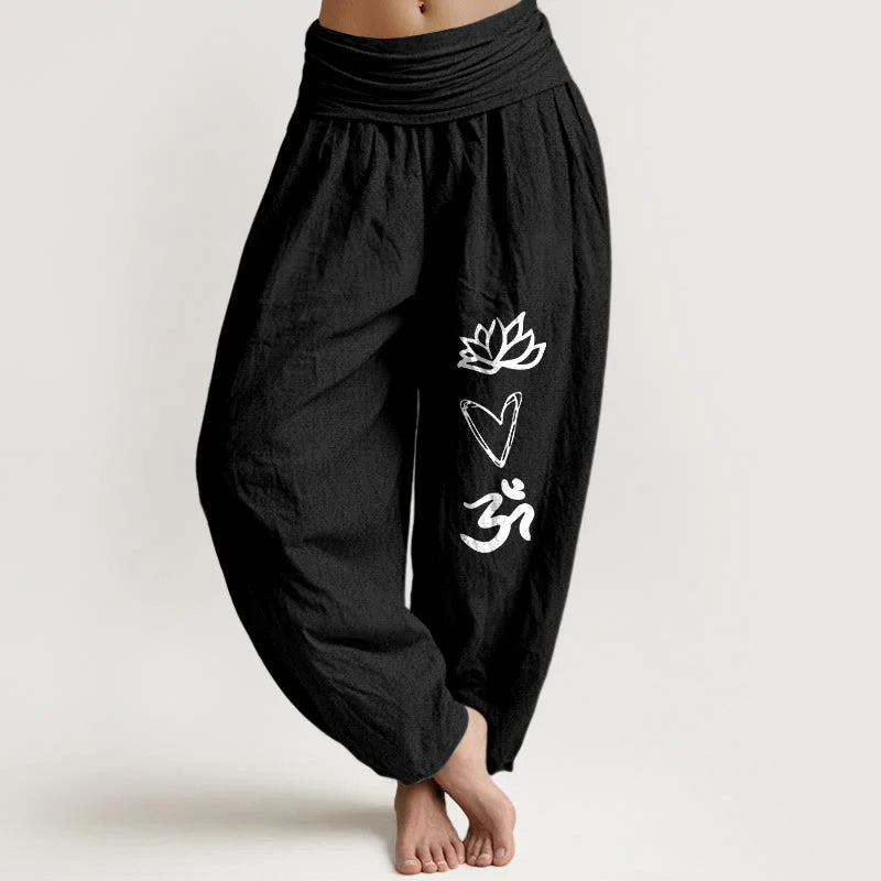 Buddha Stones Pure Cotton Lotus Heart Shape Om Symbol Pattern Women's Elastic Waist Harem Pants