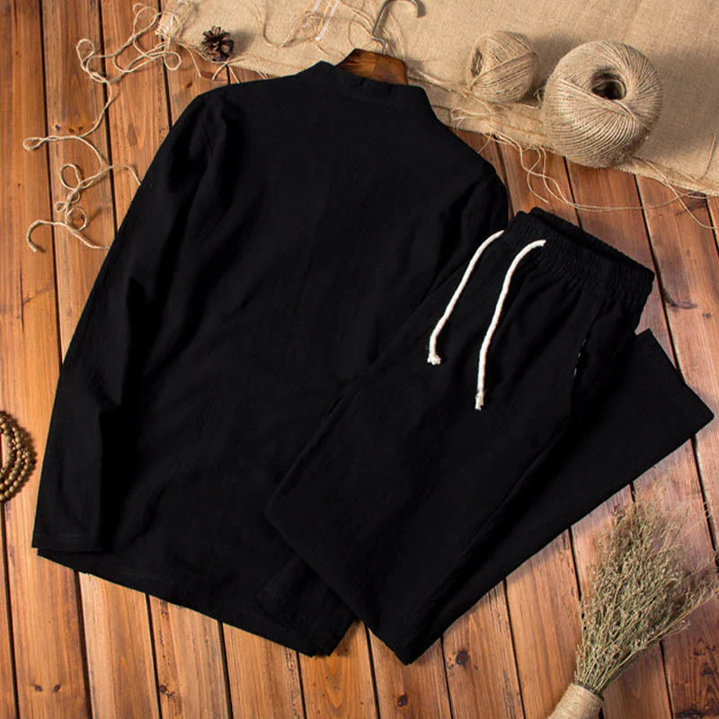 Buddha Stones Pure Color Long Sleeve Top Pants Clothing Men's Set